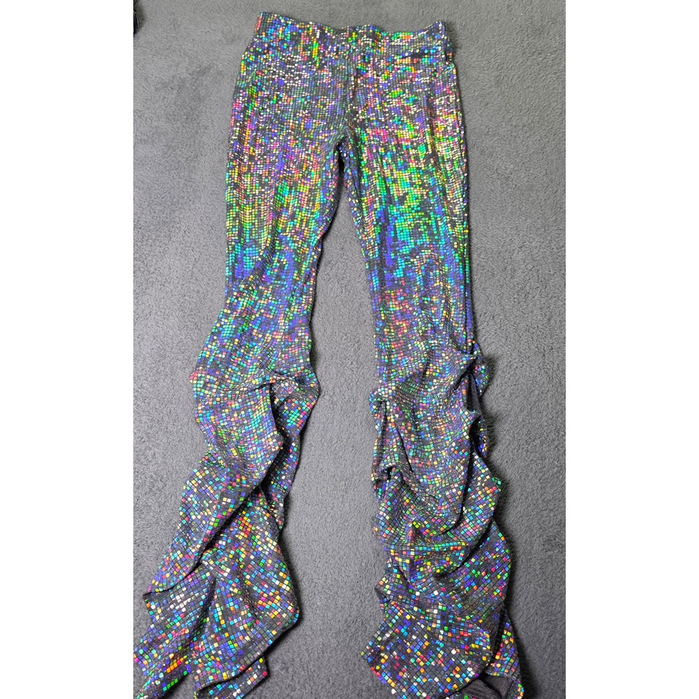 Fashion Nova Womens XL Stacked Leggings Holographic Disco Square Multi DT1521 - Picture 1 of 7